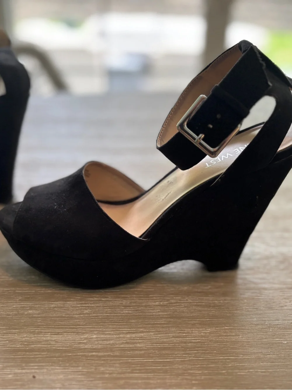 Nine West Black Suede Peep-Toe Wedge Sandals with Ankle Buckle